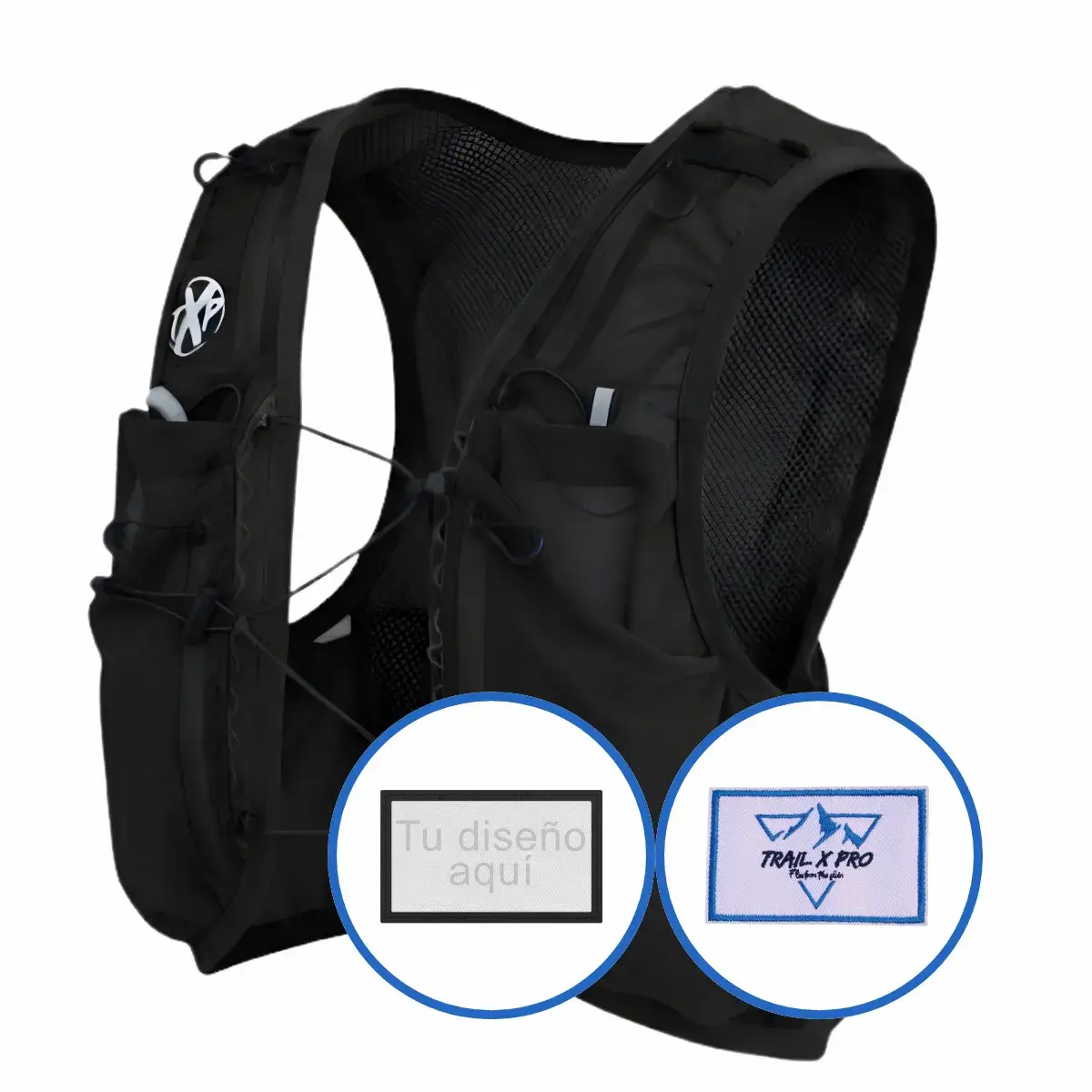 Chaleco táctico trail running Black Ghost negro con parche militar personalizado TrailXPro