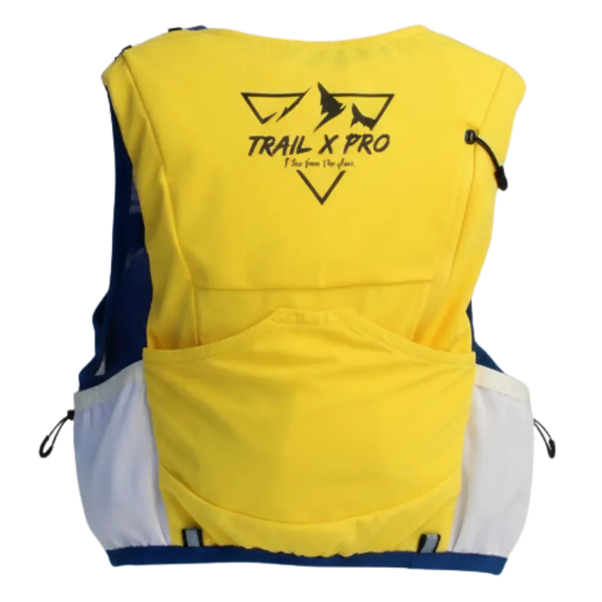 Vista trasera chaleco trail GC-1 amarillo alta visibilidad con compartimento dorsal y logo TrailXPro