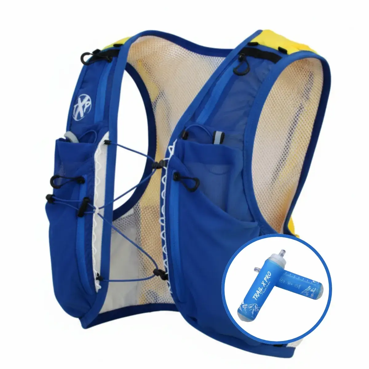 Chaleco de hidratación trail running GC-1 TrailXPro azul con 2 bidones softflasks de 500ml incluidos
