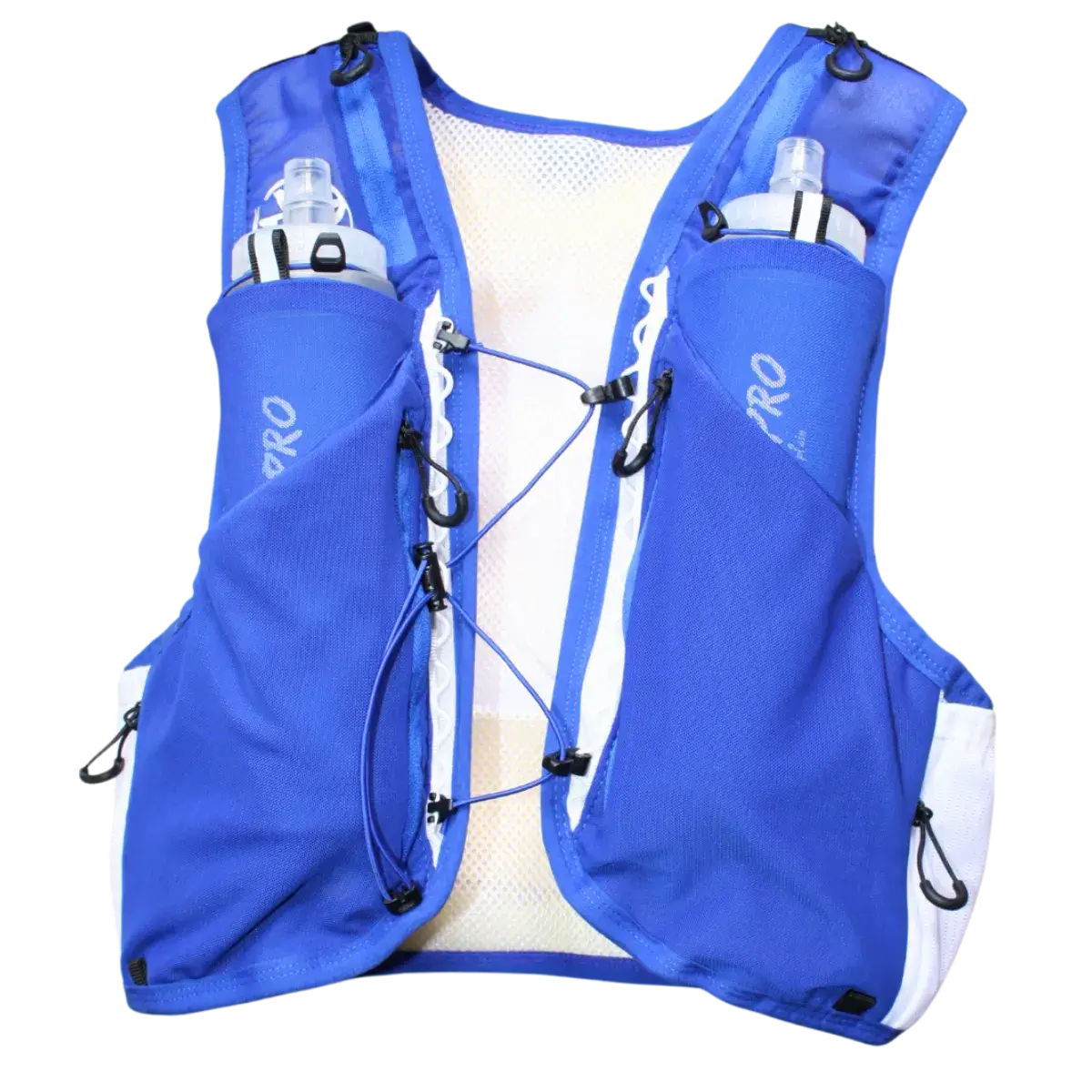 Chaleco trail running GC-1 equipado con dos softflasks en bolsillos frontales de acceso rápido